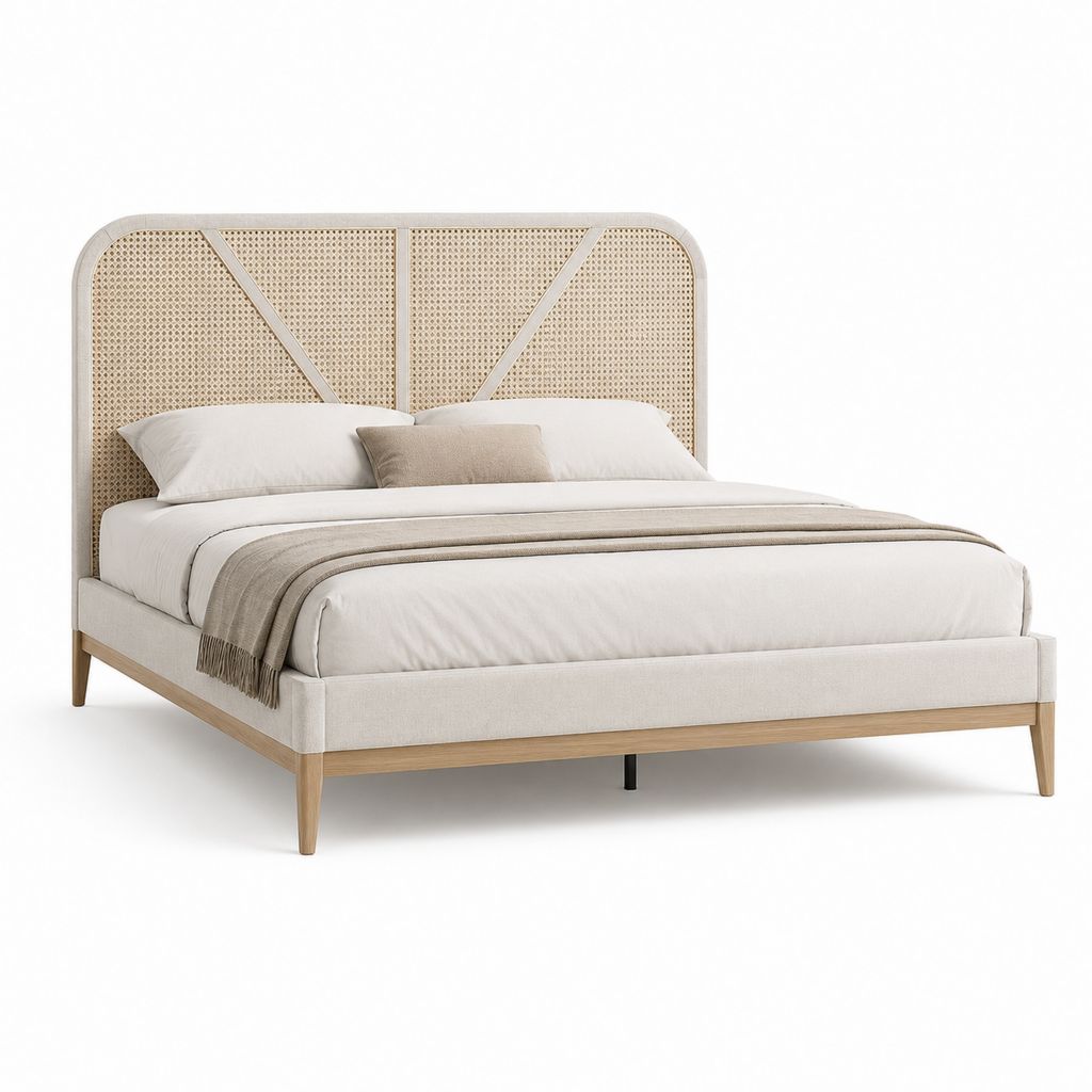 Lit double 160 x 200 cm beige en rotin naturel et polyester avec tête de lit arrondie
