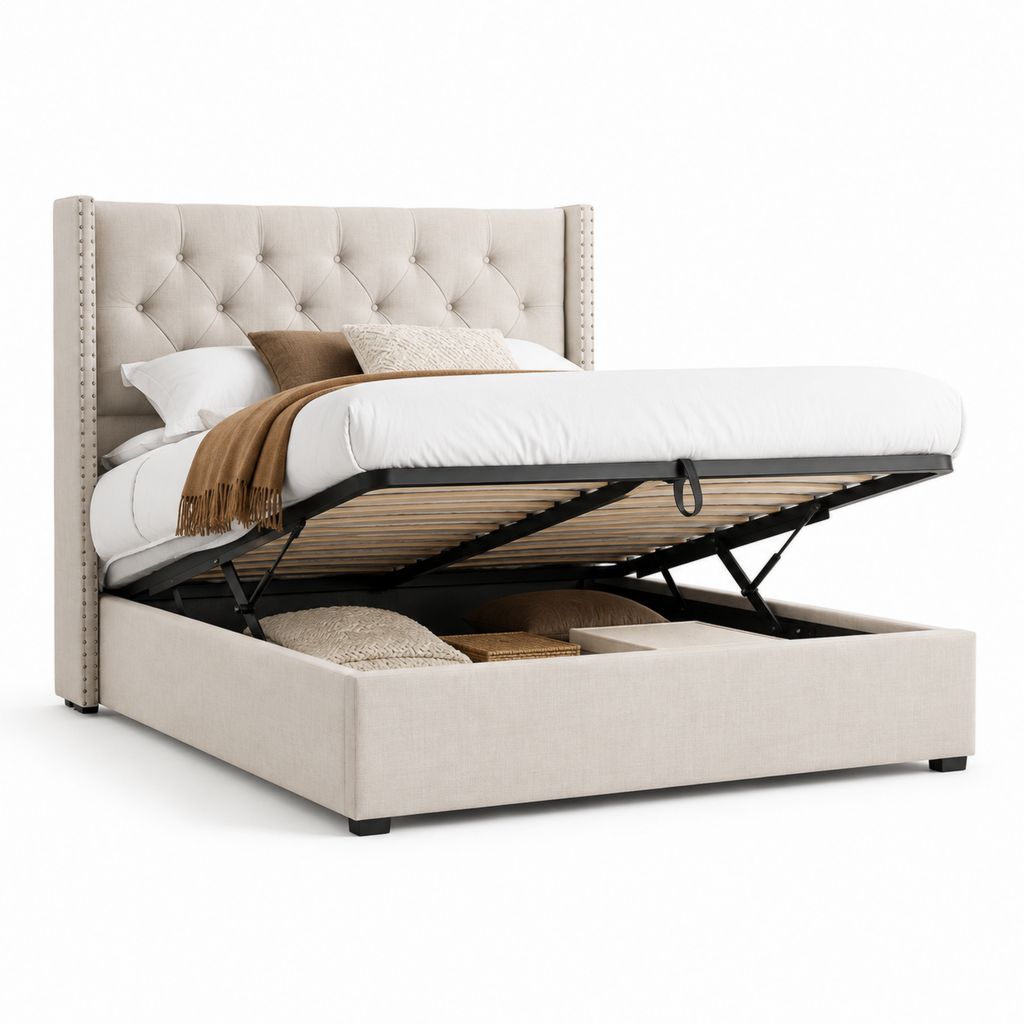Lit coffre 160 x 200 cm beige en polyester avec tête de lit capitonnée et sommier à lattes