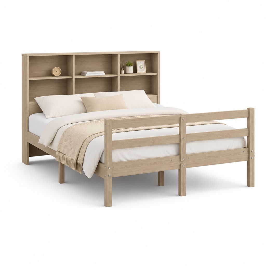 Lit double avec tête de lit rangement chêne clair en panneaux MDF 140 x 190 cm