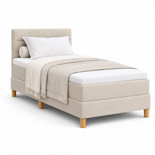 Lit simple capitonné beige en polyester avec pieds en pin massif 90 x 190 cm