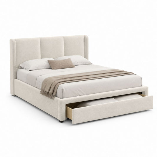 Lit double avec tiroir de rangement beige en polyester 160 x 200 cm