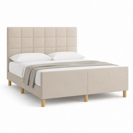 Lit double rectangulaire capitonné beige en polyester 160 x 200 cm