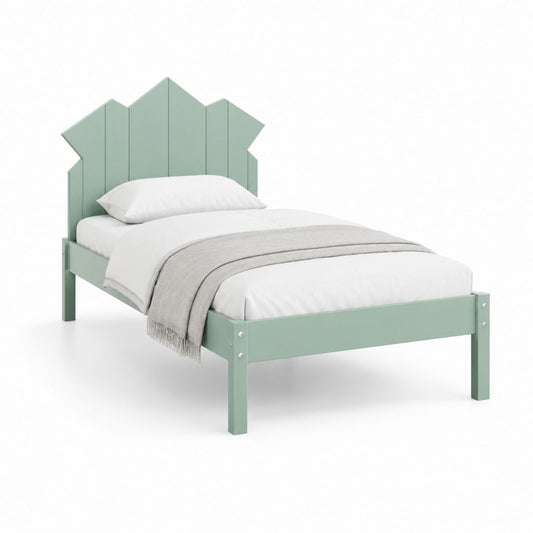 Lit simple 90 x 190 cm vert sauge en pin massif avec tête de lit géométrique