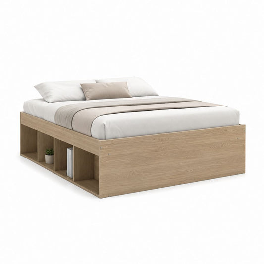 Lit double avec rangements chêne clair en panneaux de particules 140 x 190 cm