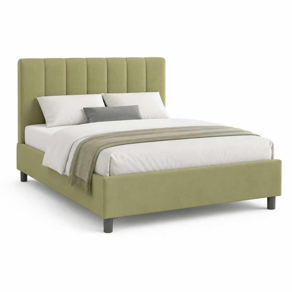Lit double 160 x 200 cm vert olive en velours de polyester avec tête de lit capitonnée