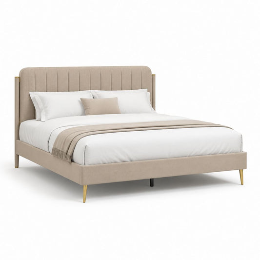 Lit double avec cadre beige en polyester et pieds en acier doré 160 x 200 cm