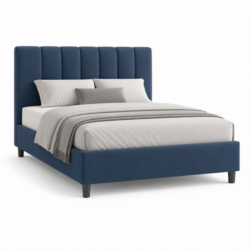Lit double rectangulaire bleu marine en velours de polyester 160 x 200 cm