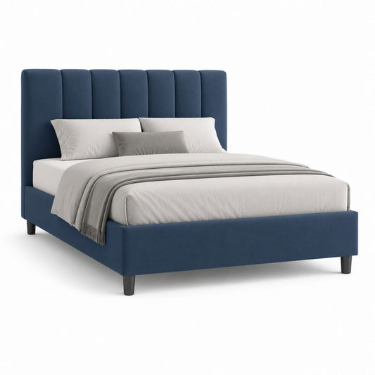 Lit double rectangulaire bleu marine en velours de polyester 160 x 200 cm