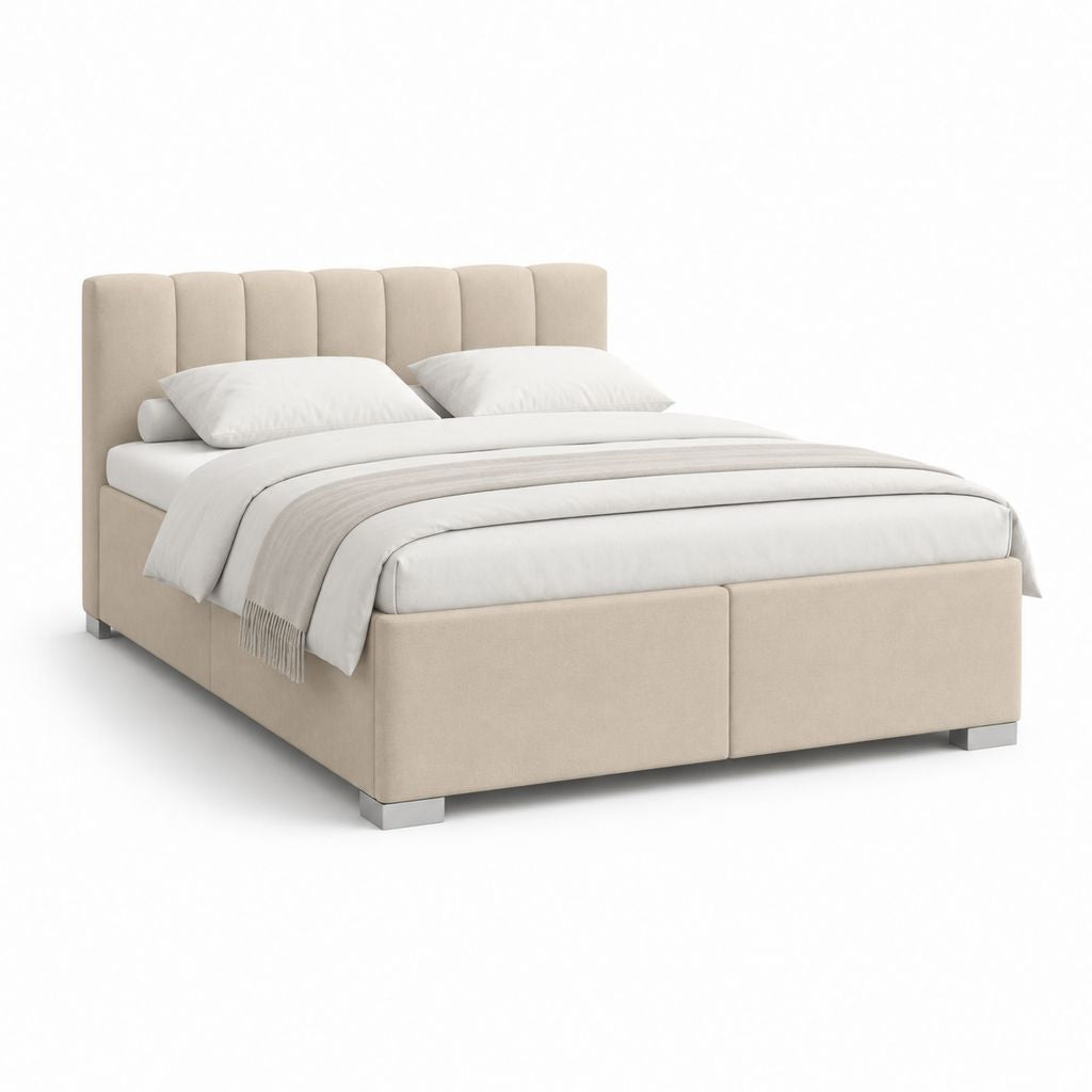Lit coffre 160 x 200 cm beige en polyester avec tête de lit capitonnée