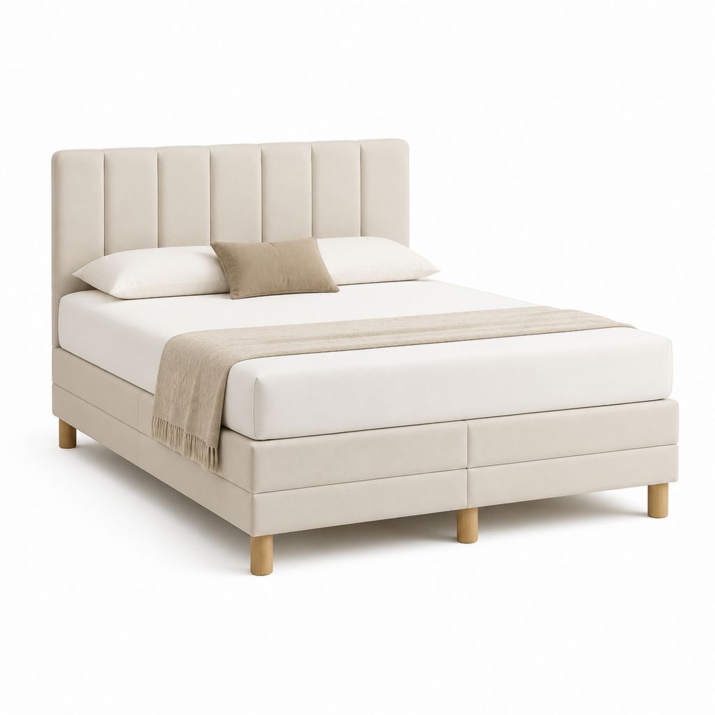 Lit double avec cadre de lit beige en polyester 160 x 200 cm avec tête de lit capitonnée