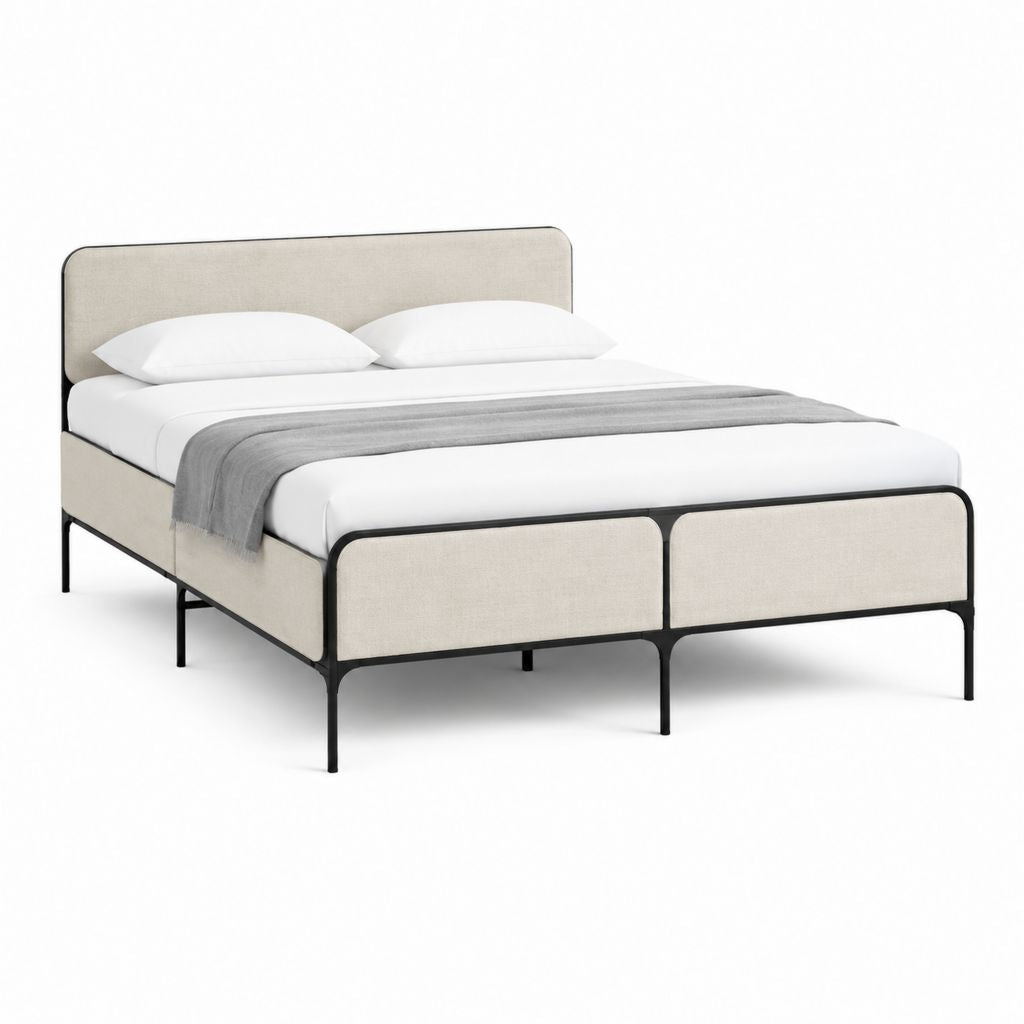 Lit double 160 x 200 cm beige et noir en polyester et acier avec sommier à lattes