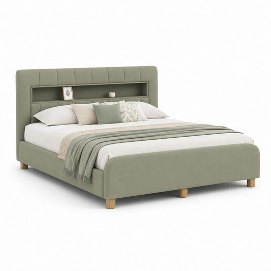 Lit double 160 x 200 cm vert sauge en polyester avec tête de lit à rangement