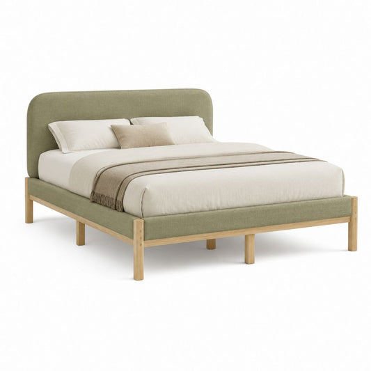 Cadre de lit double 160 x 200 cm vert sauge en polyester et bois massif