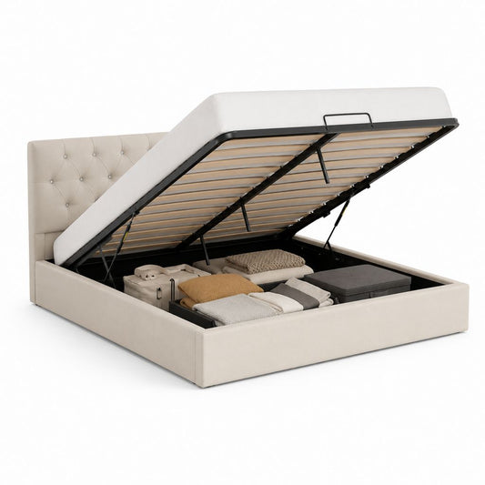 Lit coffre double beige en polyester avec tête de lit capitonnée 160 x 200 cm
