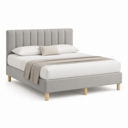 Lit double 160 x 200 cm gris clair en polyester avec tête de lit capitonnée