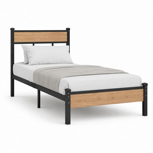 Lit simple 90 x 190 cm noir et chêne avec cadre en acier et panneaux MDF