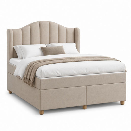 Lit double beige en polyester avec tête de lit arrondie 160 x 200 cm