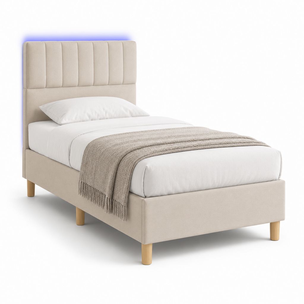 Lit simple capitonné beige en polyester avec pieds en bois massif 90 x 190 cm
