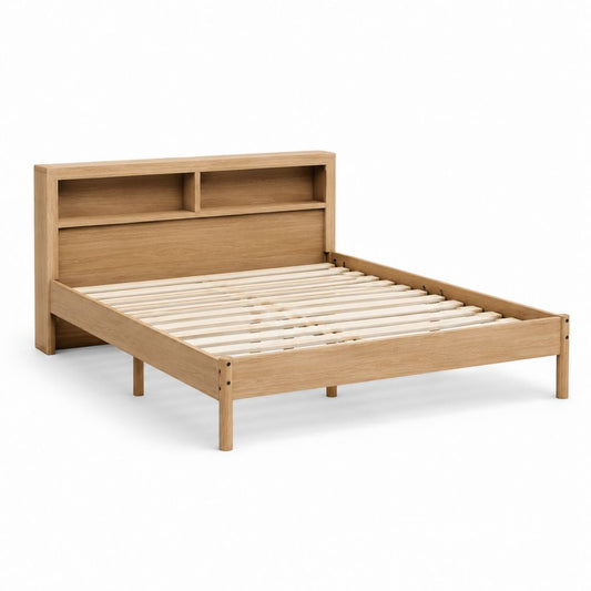 Lit double avec tête de lit rangement chêne 140 x 190 cm