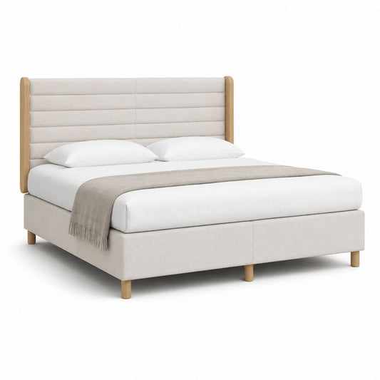Lit double 160 x 200 cm avec tête de lit capitonnée beige et structure effet chêne clair