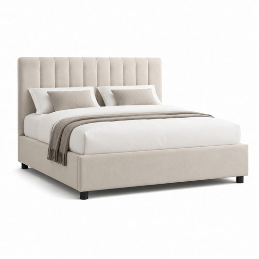 Lit double 160 x 200 cm beige en polyester avec tête de lit capitonnée