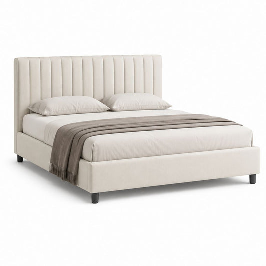 Lit double 160 x 200 cm beige en polyester avec tête de lit capitonnée