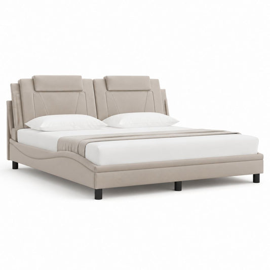 Lit double 180 x 200 cm beige en polyester effet velours avec tête de lit capitonnée