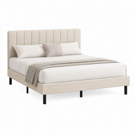 Lit double 160 x 200 cm beige en polyester avec tête de lit capitonnée