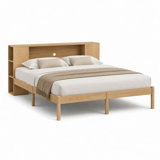 Lit double rectangulaire avec tête de lit de rangement chêne en MDF plaqué chêne 160 x 200 cm