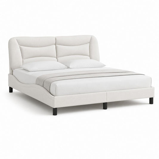 Lit double avec cadre rectangulaire 160 x 200 cm blanc en polyester avec tête de lit rembourrée