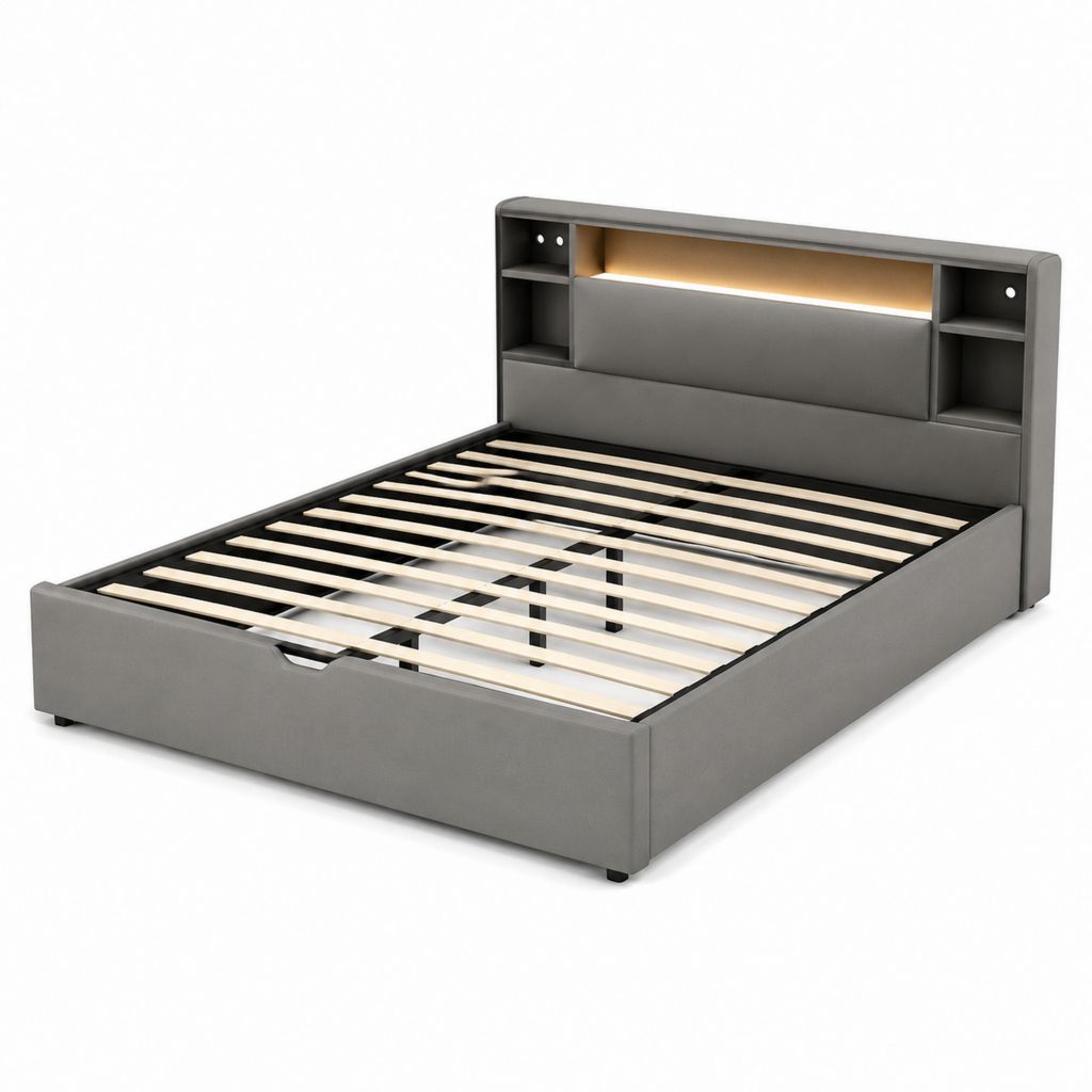 Lit coffre 160 x 200 cm gris en polyester avec tête de lit à rangements et éclairage LED