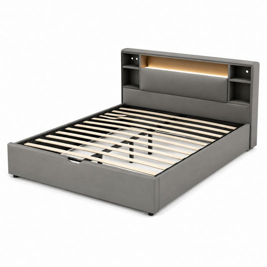 Lit coffre 160 x 200 cm gris en polyester avec tête de lit à rangements et éclairage LED